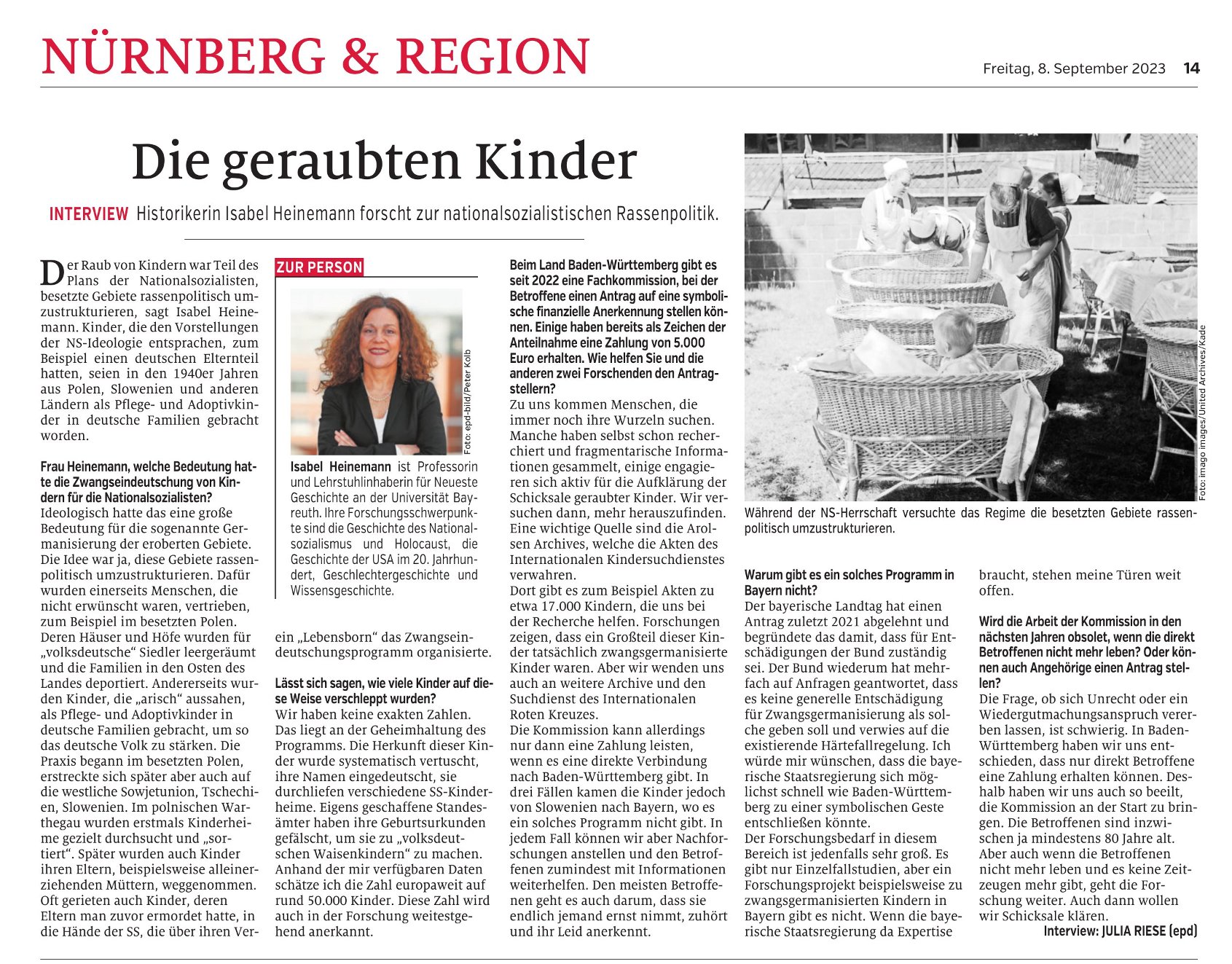 Zeitungsaritel: "Die geraubten Kinder" in der Fränkischen Landeszeitung, Ausgabe vom 08.09.2023